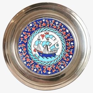 Vintage Dogus Turkish Galleon Ship Ceramic and Silver Plate